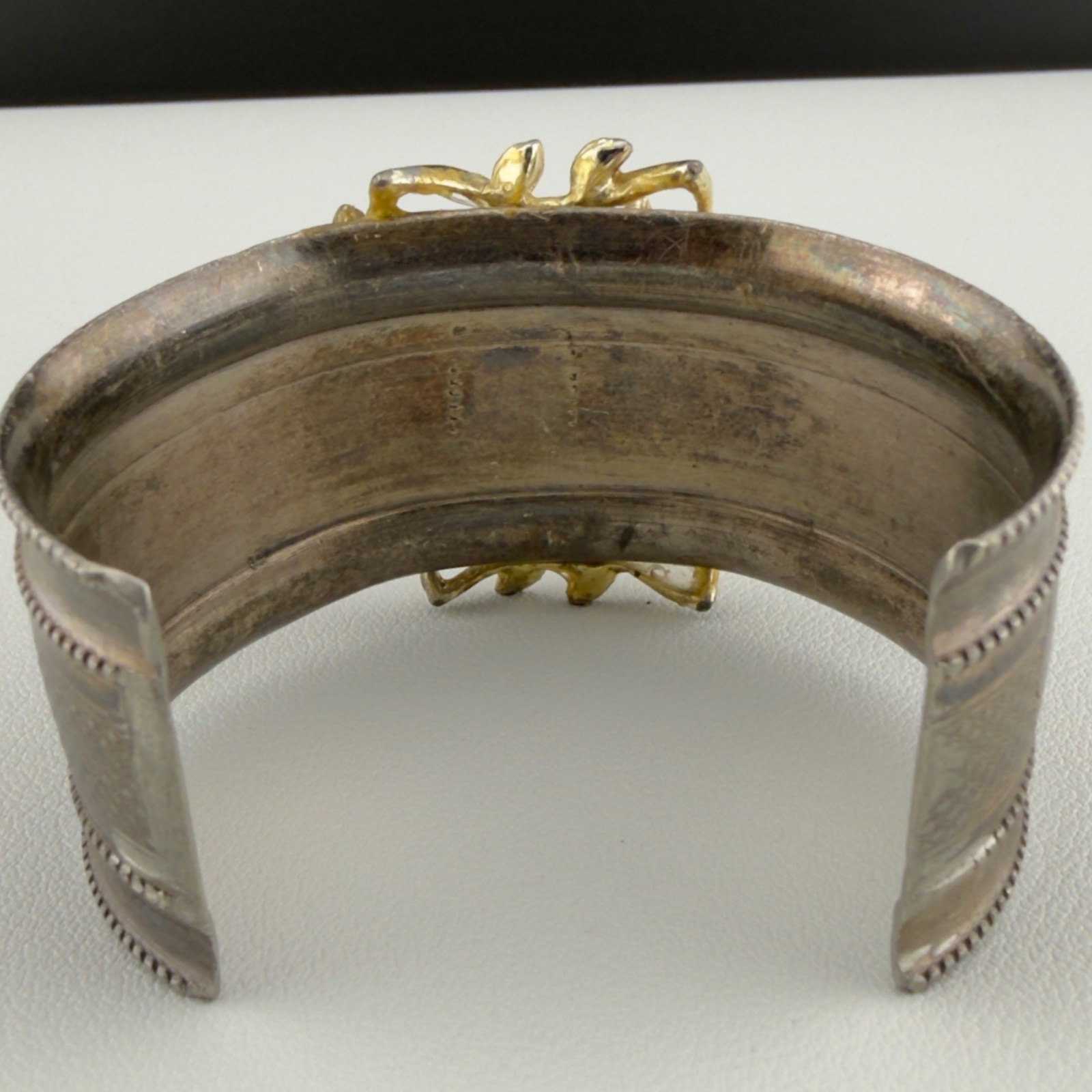 Vintage Cuff Statement Bracelet Aged Gold Tone Flower Silver Tone Patina Wide