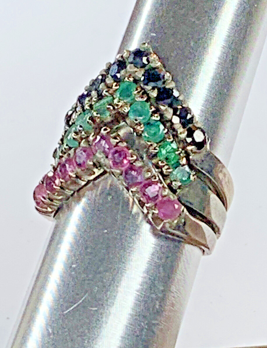VTG Nikolas Sterling 925 Emerald Ruby Sapphire Chevron V Stackable Rings SZ 6