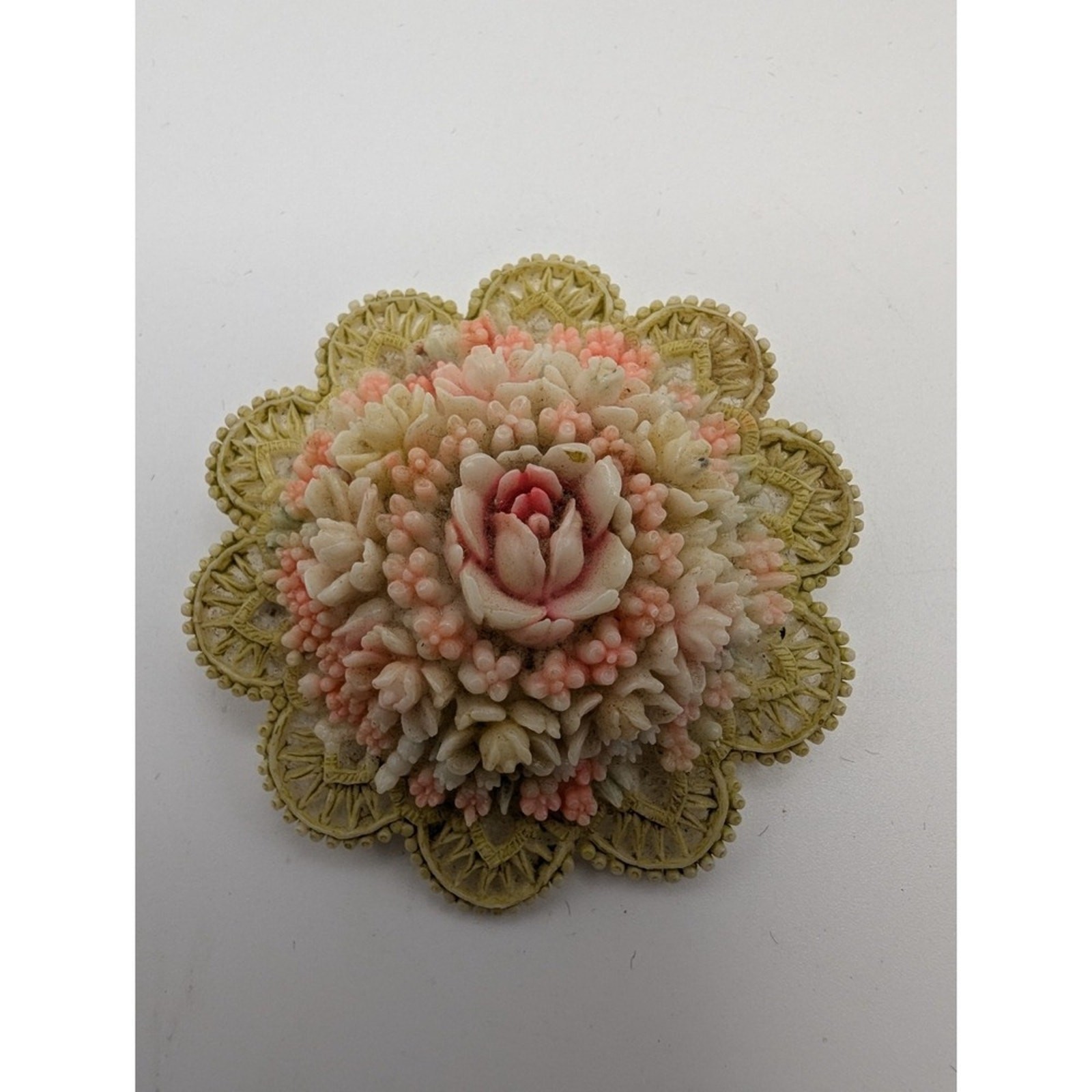 VINTAGE Floral Celluloid Brooch Pink Cream Layered Bouquet 2.25in Japan READ