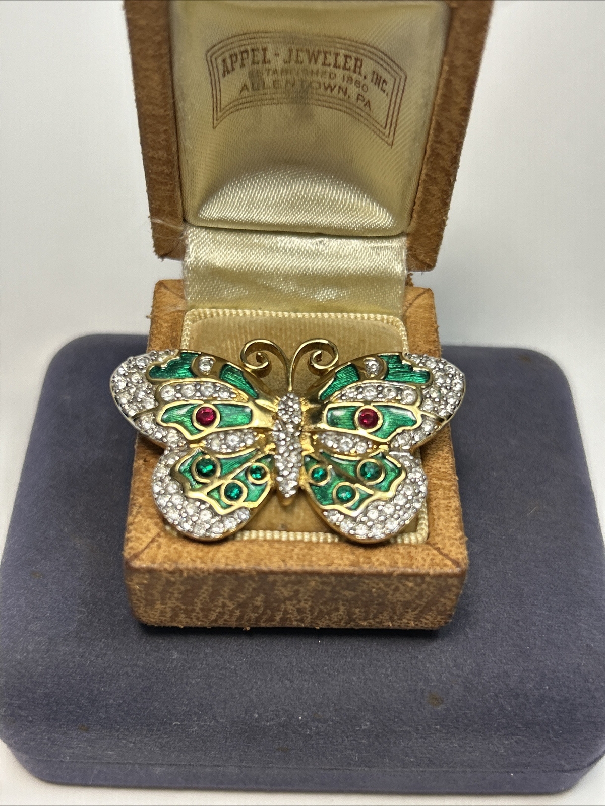 Swarovski Gold Tone Green & Red Enamel Clear Rhinestone Butterfly Brooch