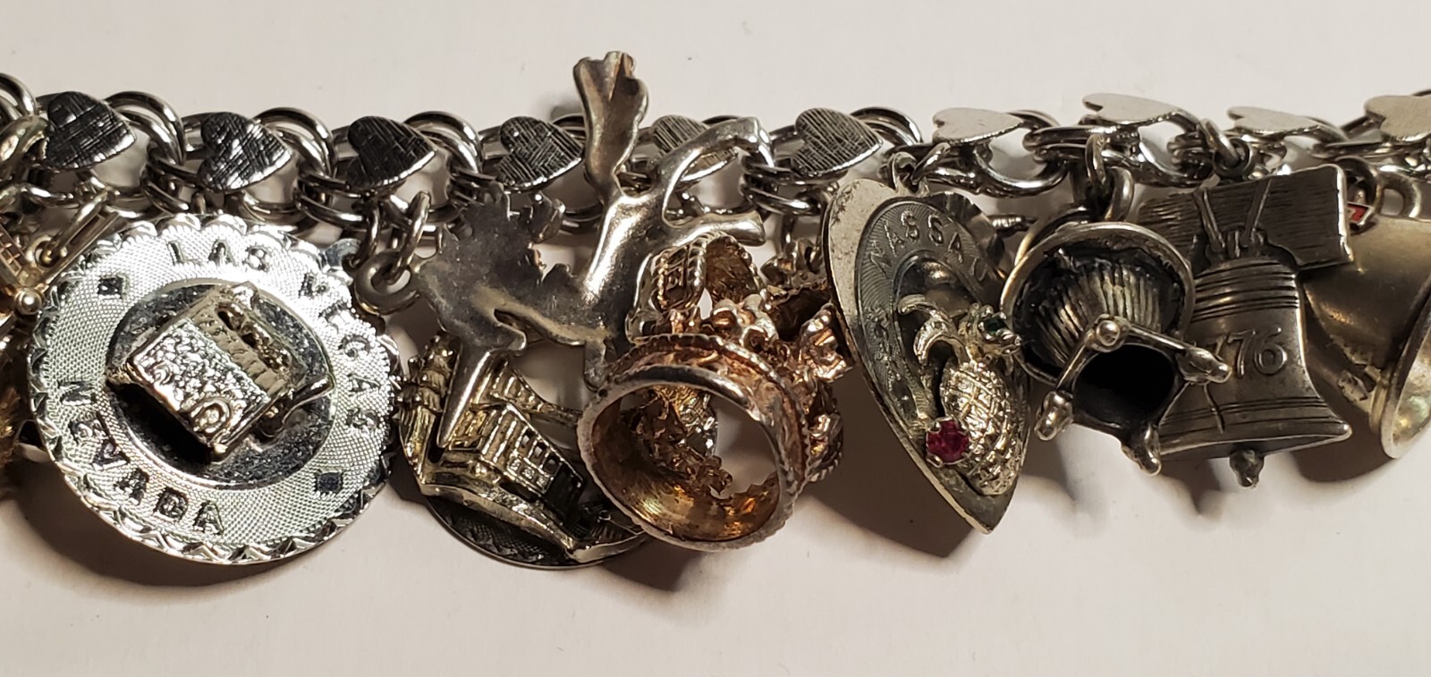 ELCO Sterling Silver 17 Charm Bracelet 64 grams – Bullhorn, Crown, Windmill