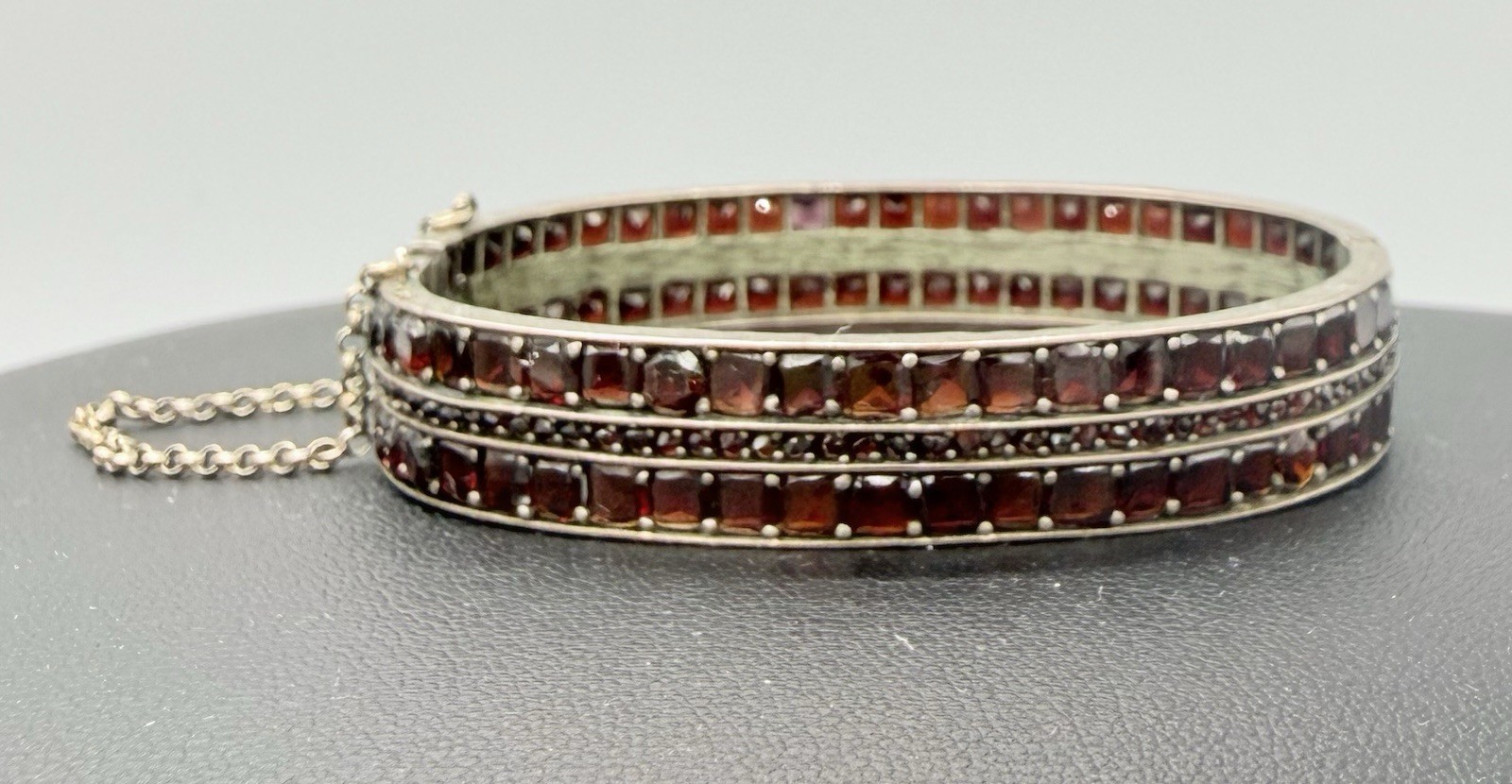 Antique Victorian Bohemian 3 Row Garnet Bangle Bracelet Silvertone