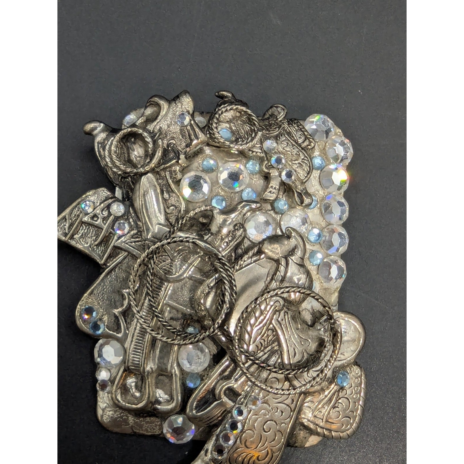 Cowgirl Western Horse Saddle Silver Tone AB Rhinestone Brooch Signed
