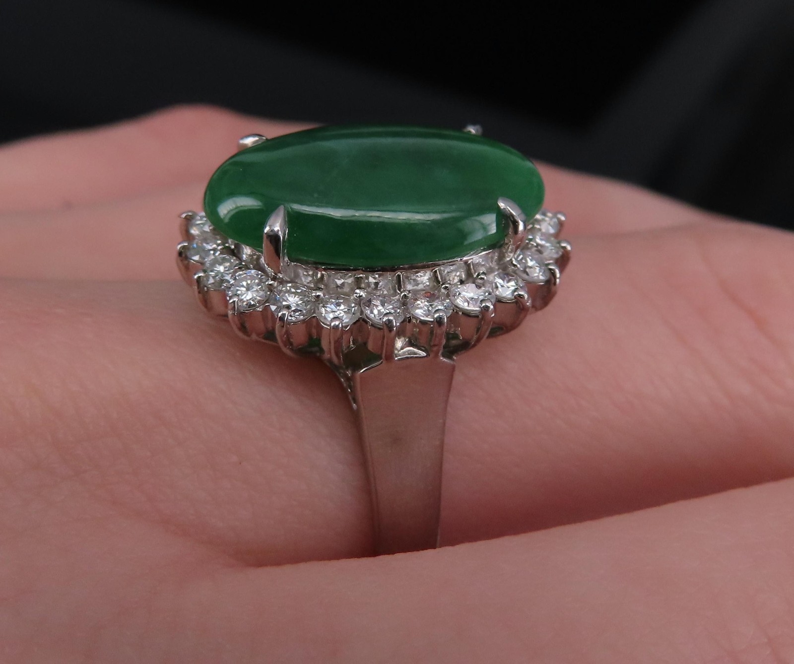 5.95ct Natural Green Jadeite Jade 0.75ct Diamond Platinum Ring Size 8.5