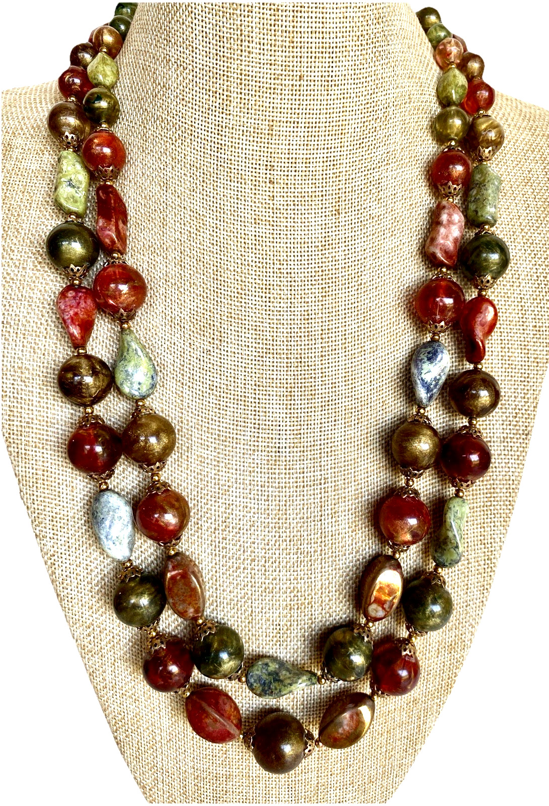 Vintage Crown Trifari Double Strand Necklace, Fall Colors, 24″ Long
