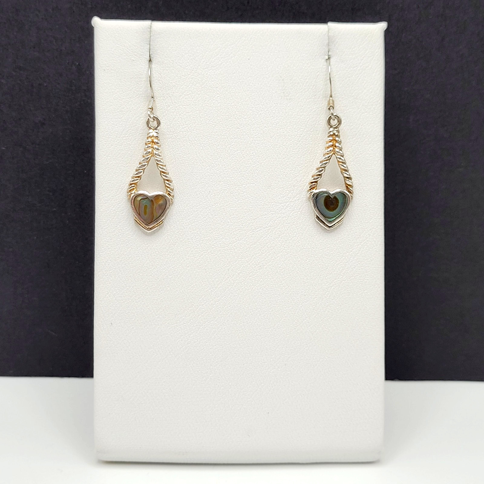 Heart Twisted Open Metal Paua Shell Inlay Sterling 925 MC Hook Pierced Earrings