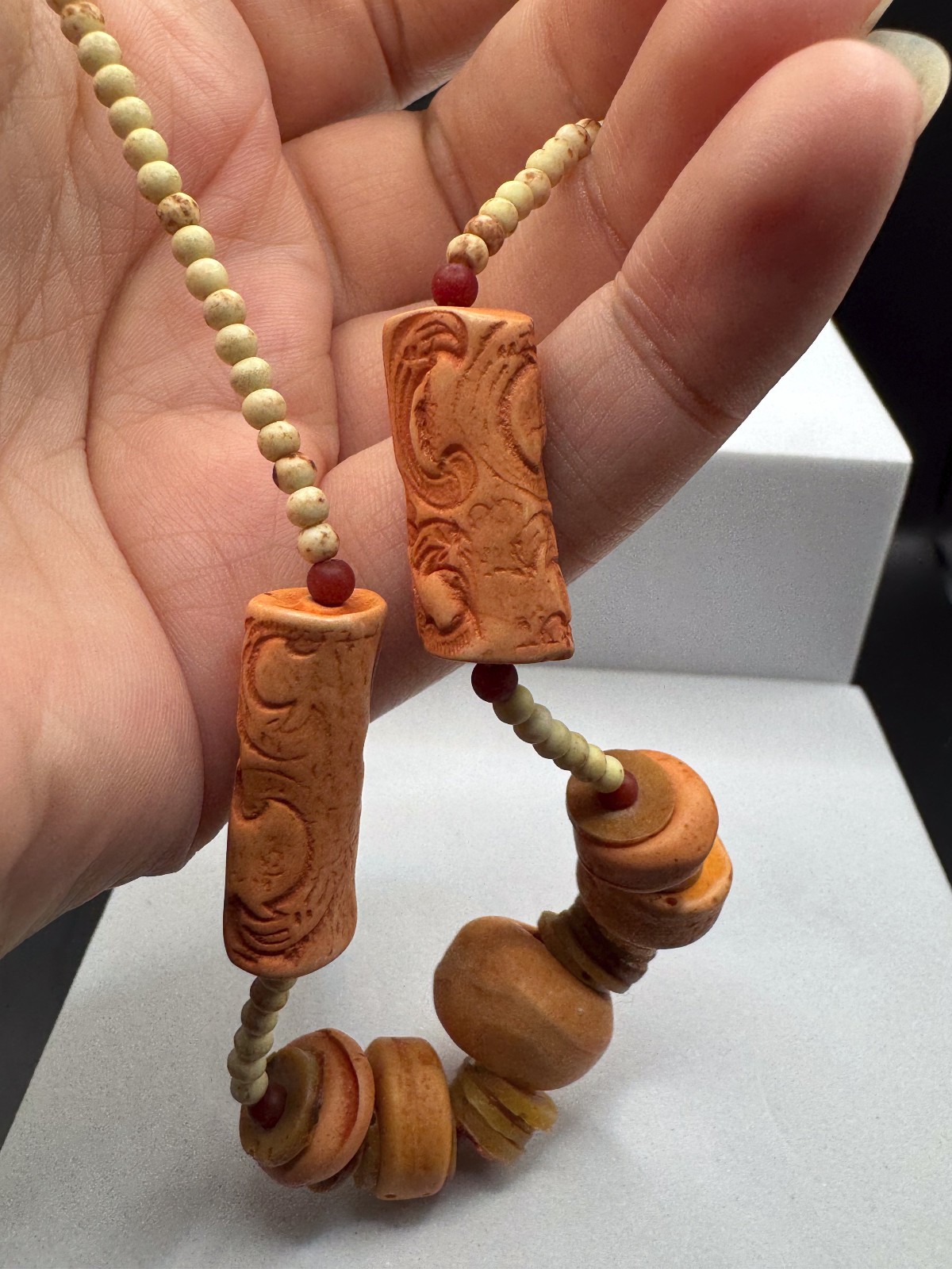Vintage Boho Carved Clay Terracotta Bead Necklace Tribal Ethnic Earthy Statement