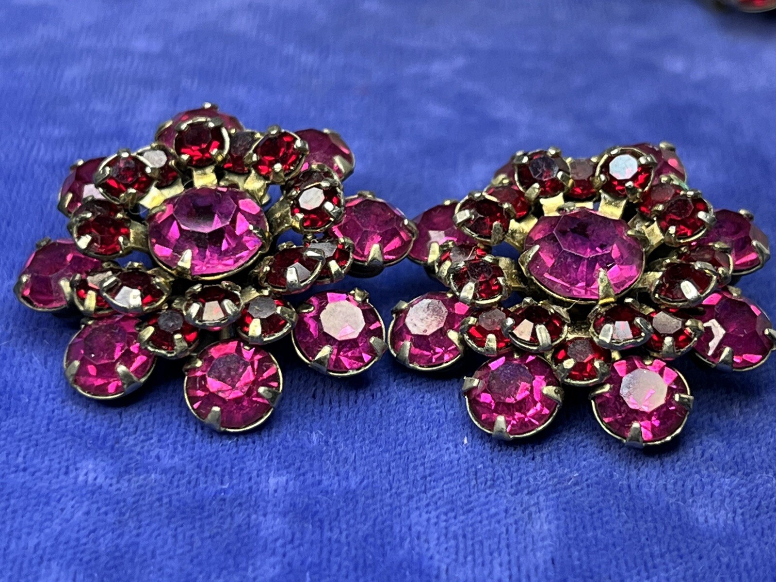 Vintage Rhinestone Dome Brooch Crystal Fuchsia Pink Red Garnet Layered Earrings