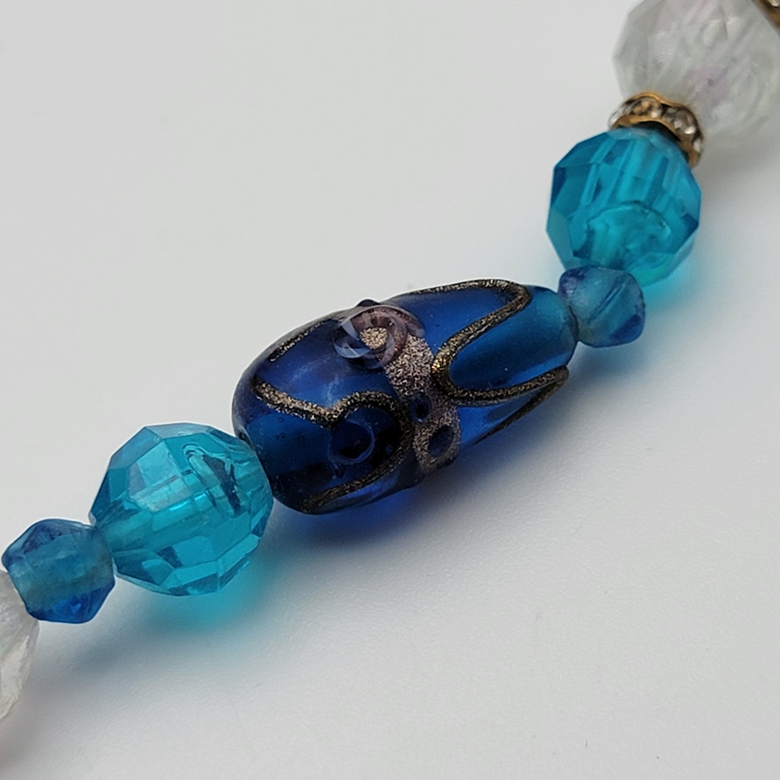 Vintage Gold Foil Blue Glass Beaded Necklace 22.5″