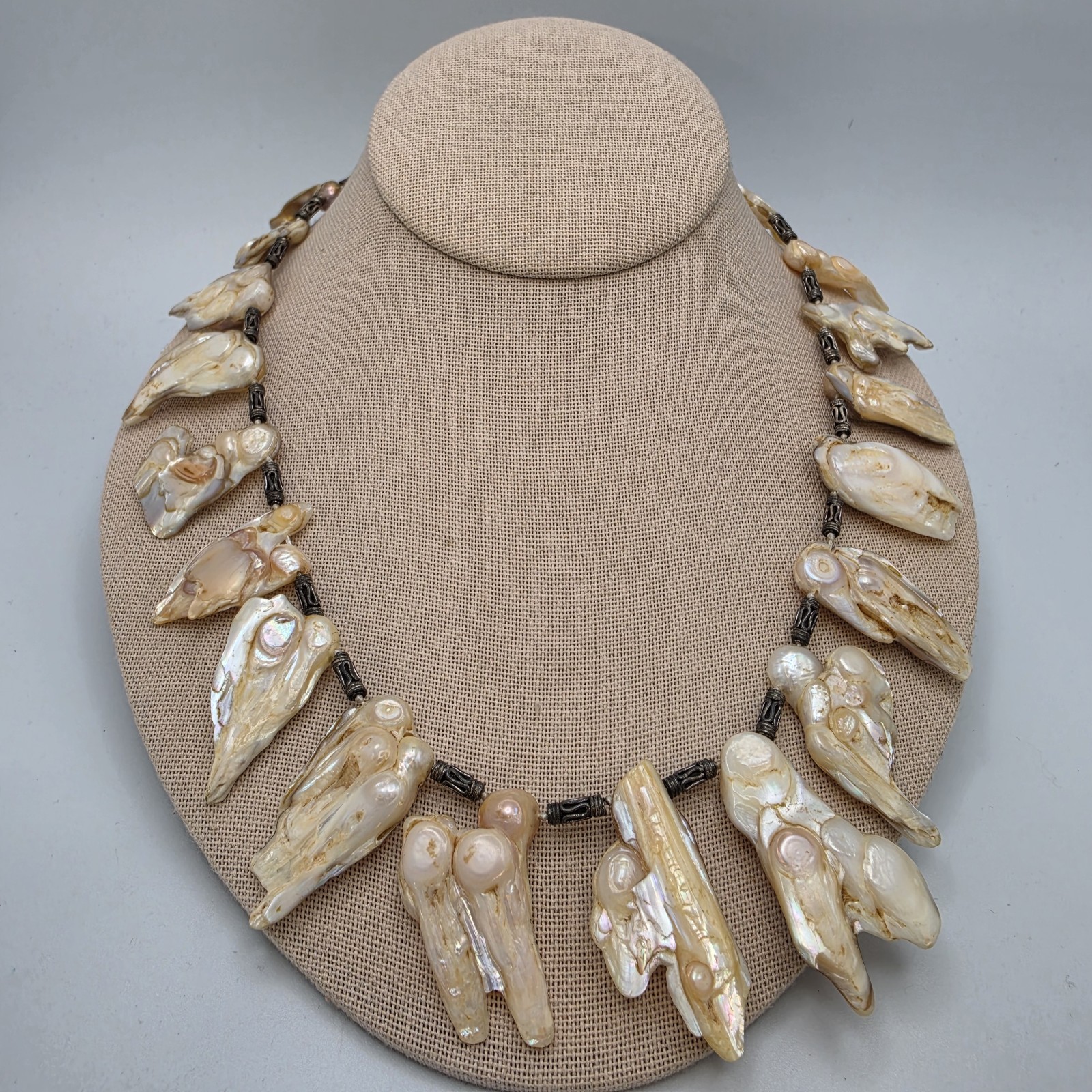 Vtg Blister Pearl Shell Necklace Statement Fringe Sterling Bali Bead