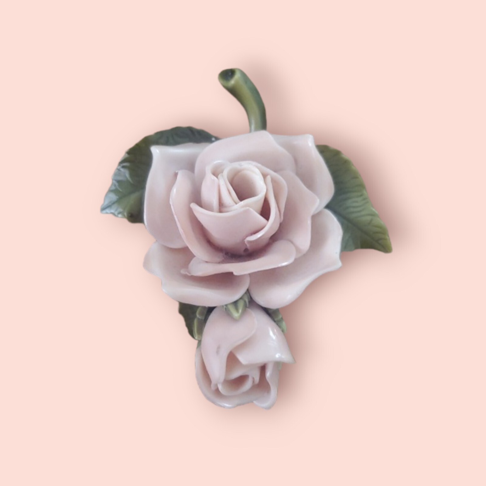 Vintage Celluloid Brooch Rose Painted Muted Pink Rosettes Green Leaves 3D