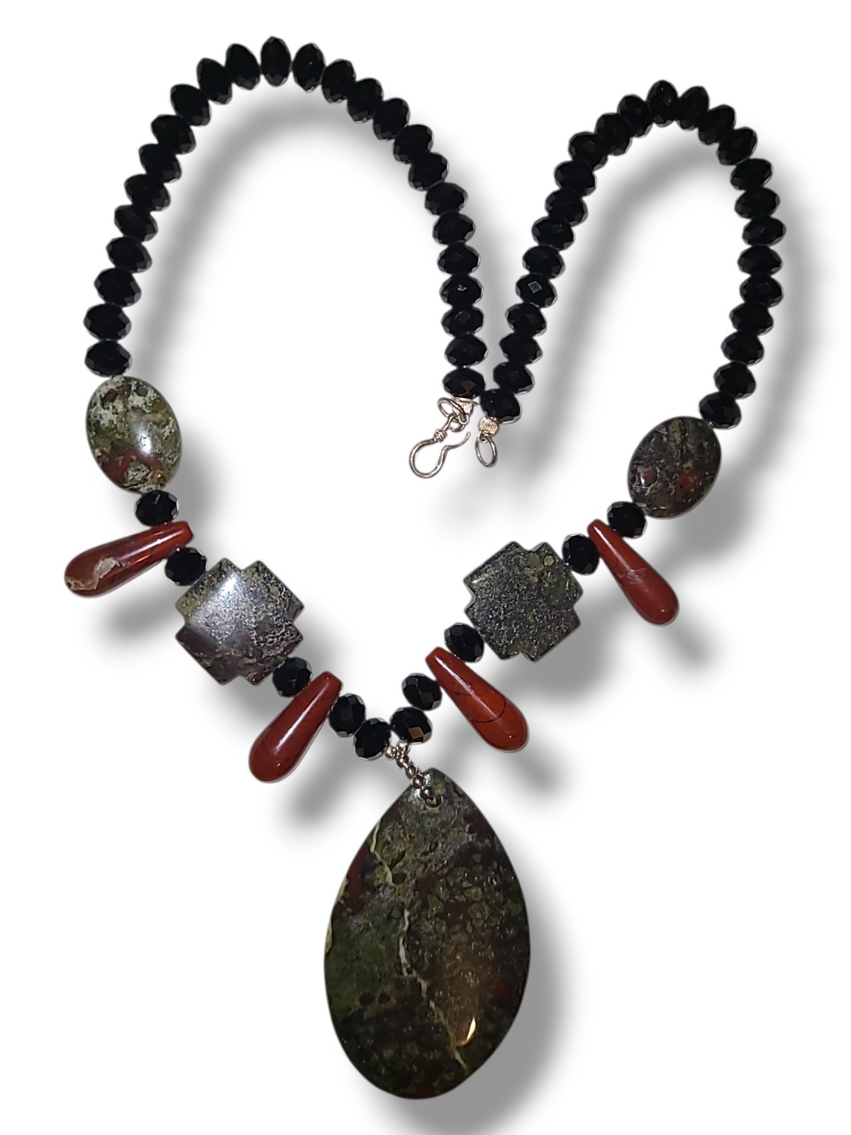 Stone Pendant Necklace Red Green Jasper Bead Black Crystal 925 Clasp 18in
