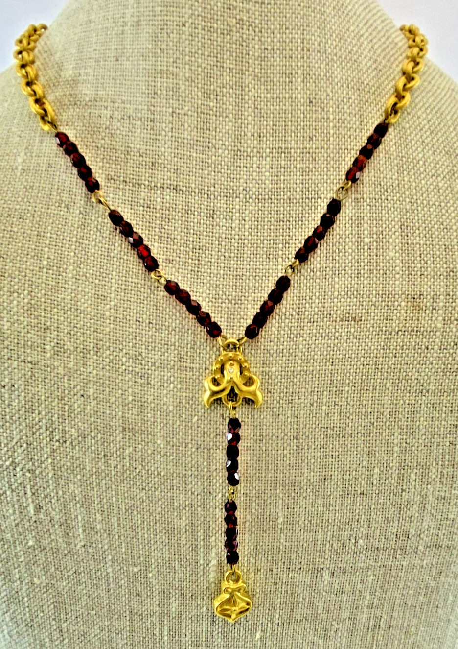 Allison Reed Rosary Style Red Bead Necklace Gold Plated 17″ Vintage NOS