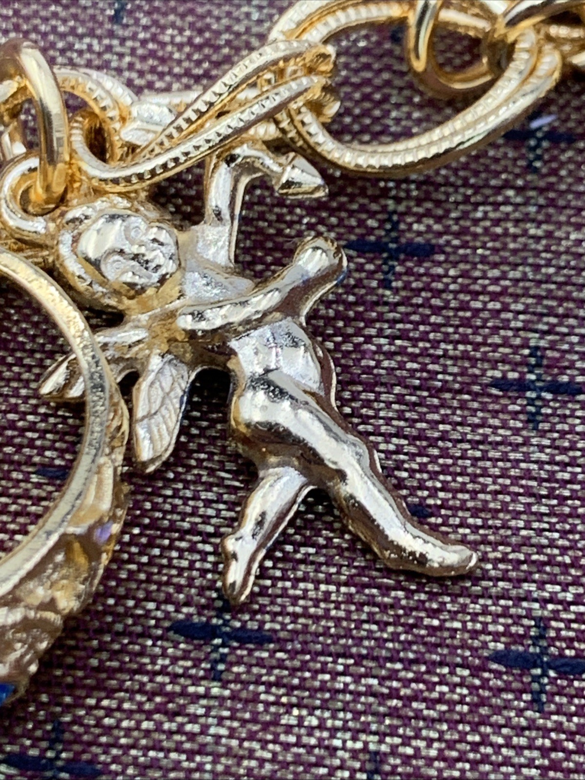 Kirks Folly Gold Tone Charm Bracelet Cupid Hearts Rings Crystals Angel