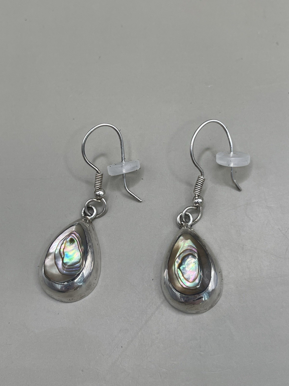 Handmade SilverTone Abalone Shell Tear Drop Hook Pierced Dangle 1.5” Earrings