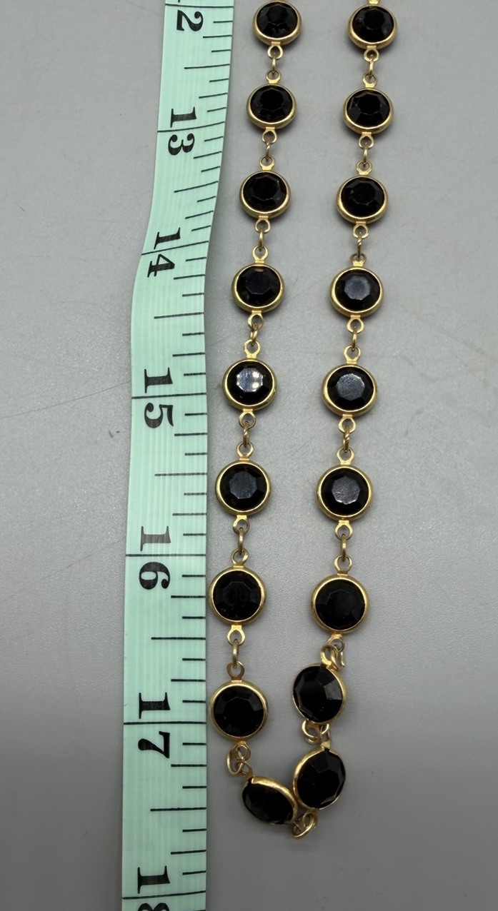 Swarovski Crystal Necklace Bezel Set Black Faceted Crystals Long Gold Tone 35”