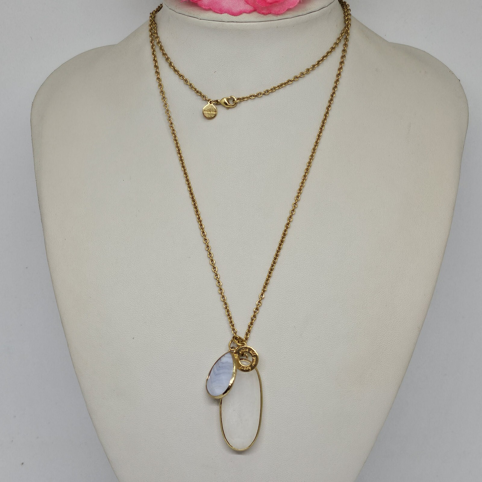 STELLA & DOT Gold Pink Blue Agate stone Charm Pendant Chain Necklace