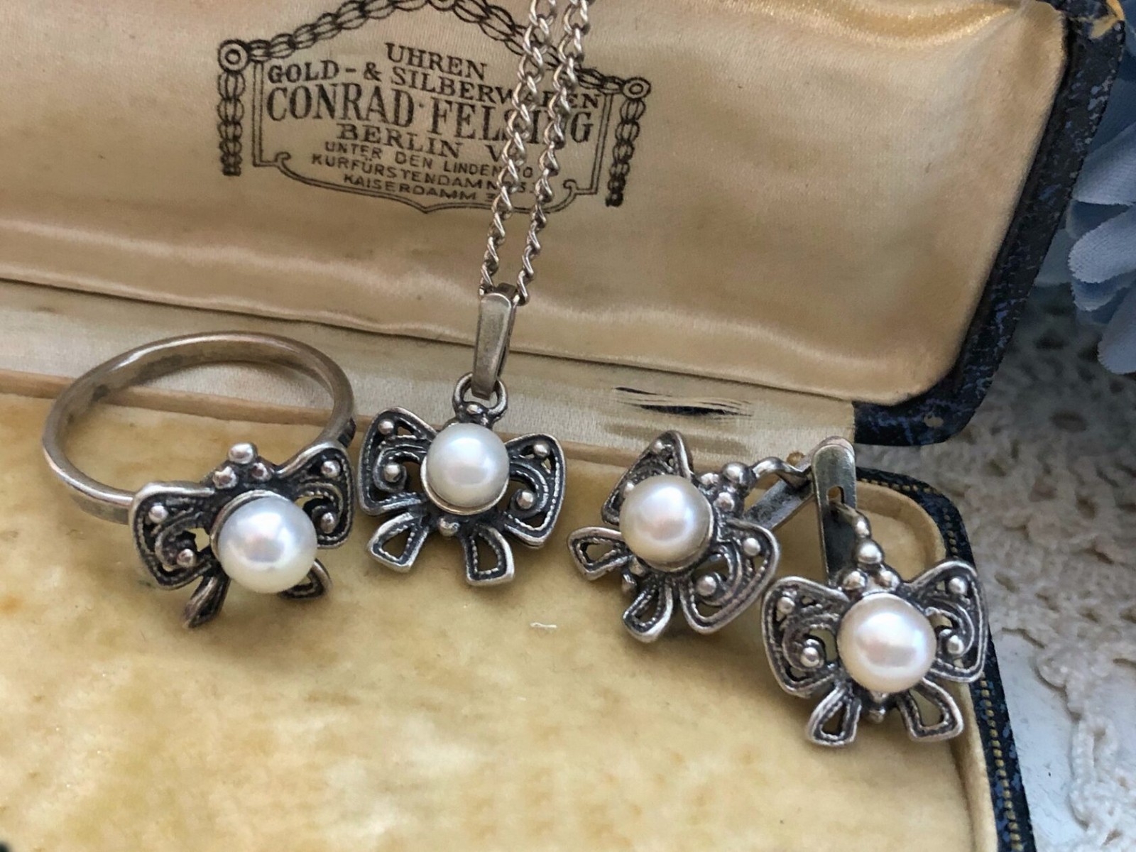 Estate Vintage Soviet Set Earrings Ring & Pendant Sterling Silver 925 Pearl USSR