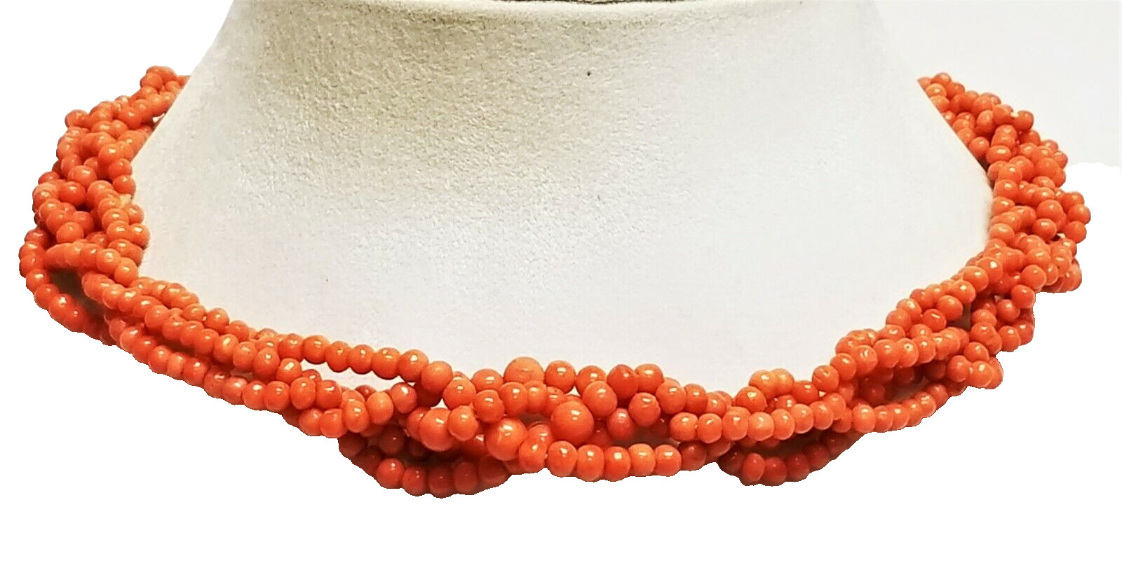 VERY EARLY Signed HASKELL Genuine Coral 4mm Bead Link Necklace 16.5″ x 3/4″