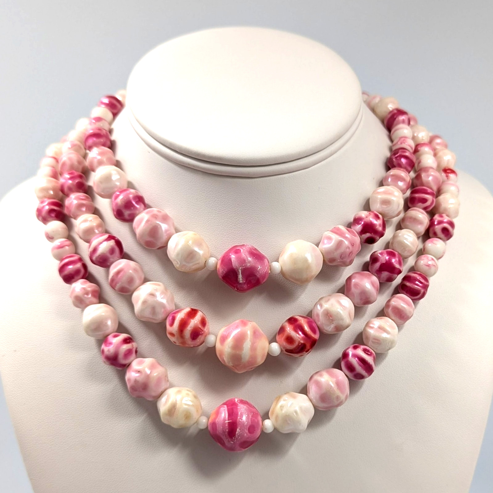 Lucite Hand Painted Pink Beads 3 Strand Vintage Necklace Japan 15-17″