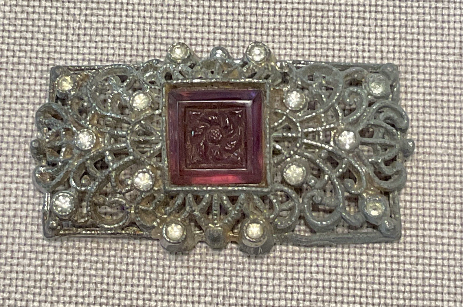 Vintage Brooch Pin Original 1930s 40 Filligree Silver Tone Intaglio Stone Flower