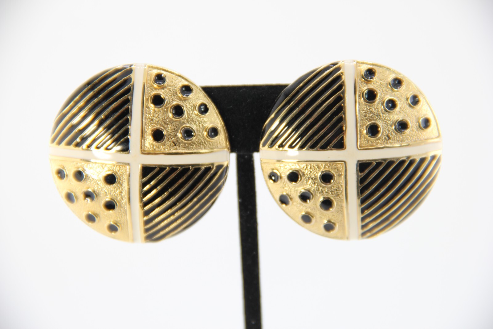Vintage 80s Gold Colored Metal Cream Black Clip Earrings Huge Round Mega Button