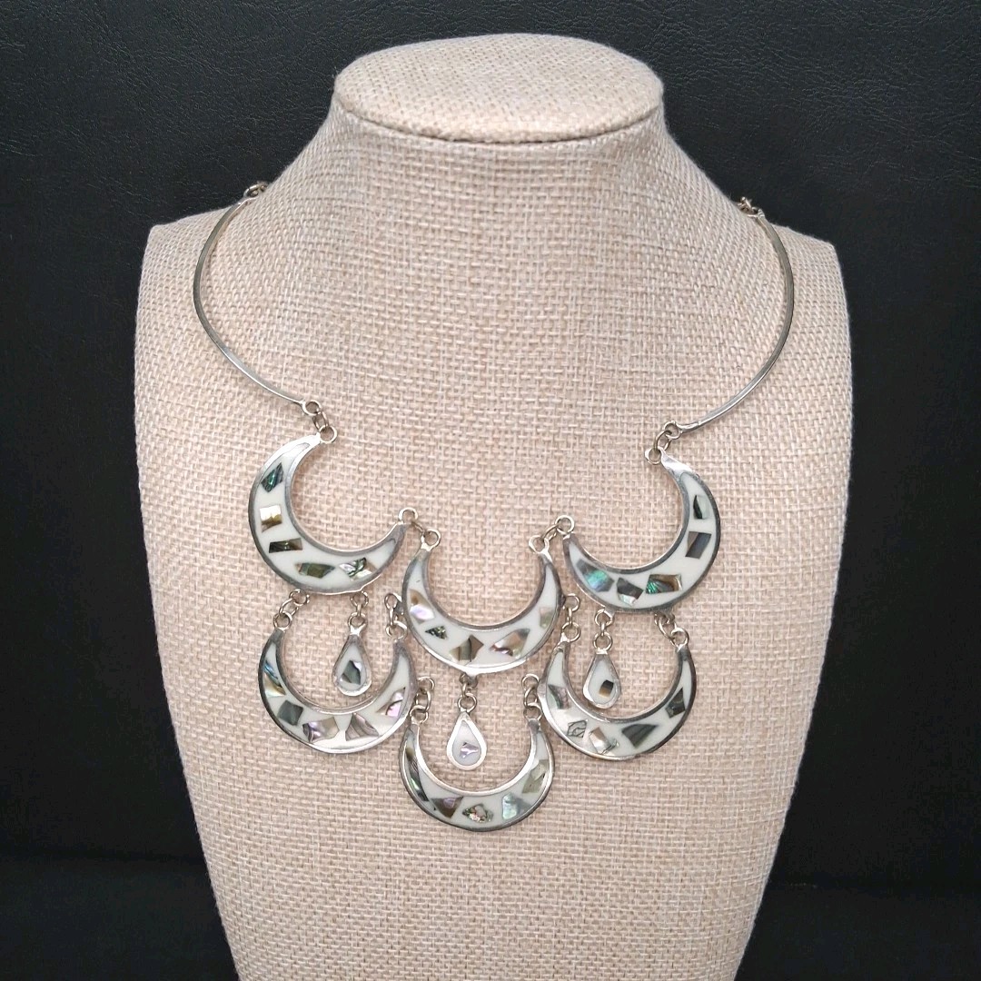 Vintage Alpaca MEXICO Cresent Moon Bib Necklace Abalone And White Enamel. 17.883