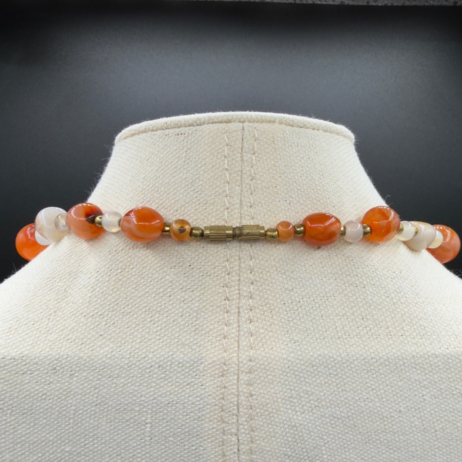 Vintage Beggars Bead Necklace Polished Stone Fall Colors Opera Length 32″