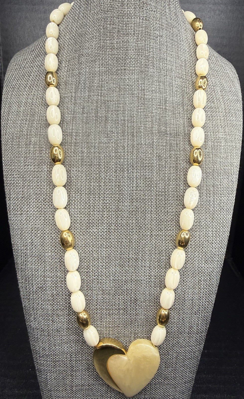 Vintage Napier Beige Lucite Bead Necklace with Cream and Gold Heart Pendant