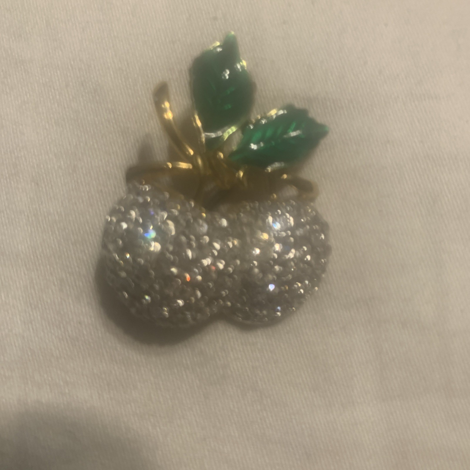 Vintage Rhinestones Apples Brooch Pin Marked AC Green Enamel Leaves Gold Tone