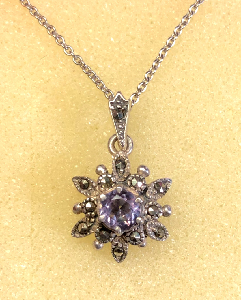Vintage Sterling Silver Amethyst Marcasite Flower Necklace 925 Natural 16″ 6086
