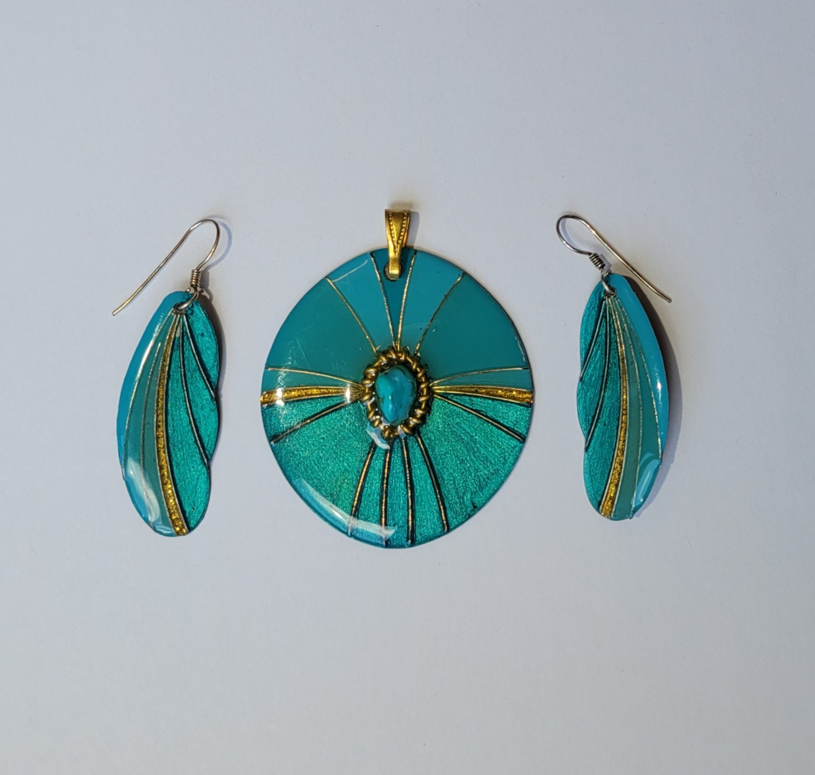 Vintage Gold And Lacquered Blue Handmade Earrings And Pendant Set Signed L.TT