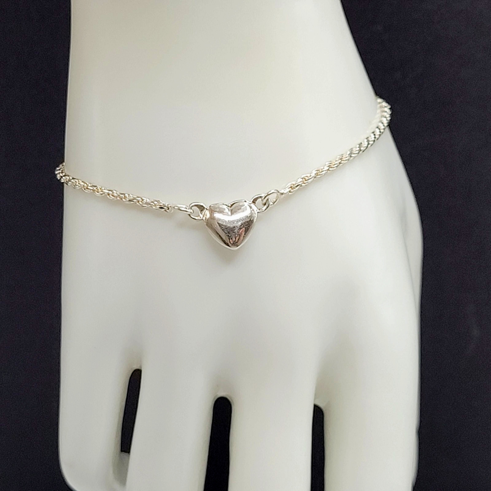 Minimalist Dainty Puffed Heart Station 925 Sterling Rope Chain Bracelet 7.25 in