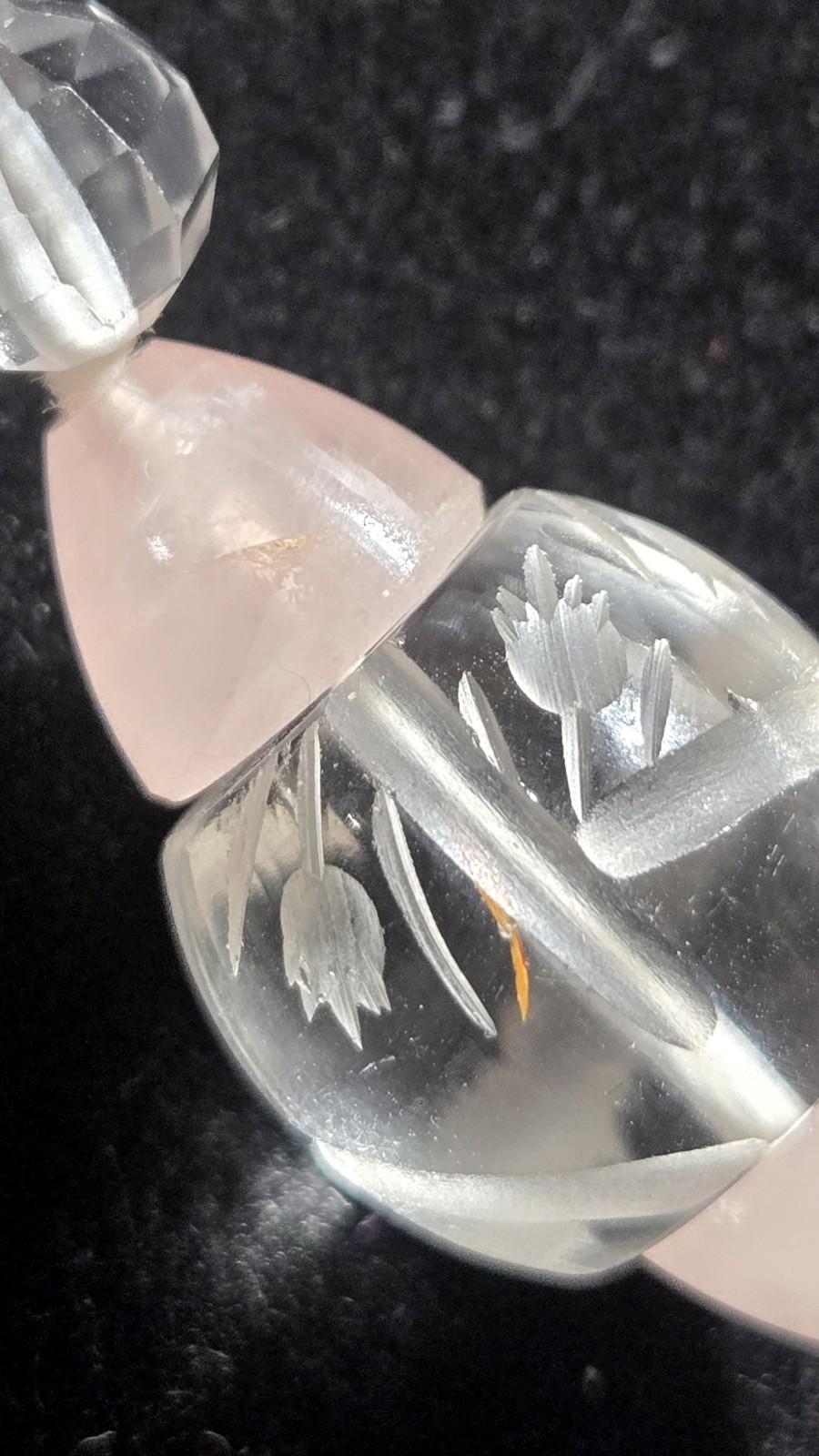 Rare Vintage Necklace Carved Rock Crystal & Pink Quartz 14K Floral Tulip Etched