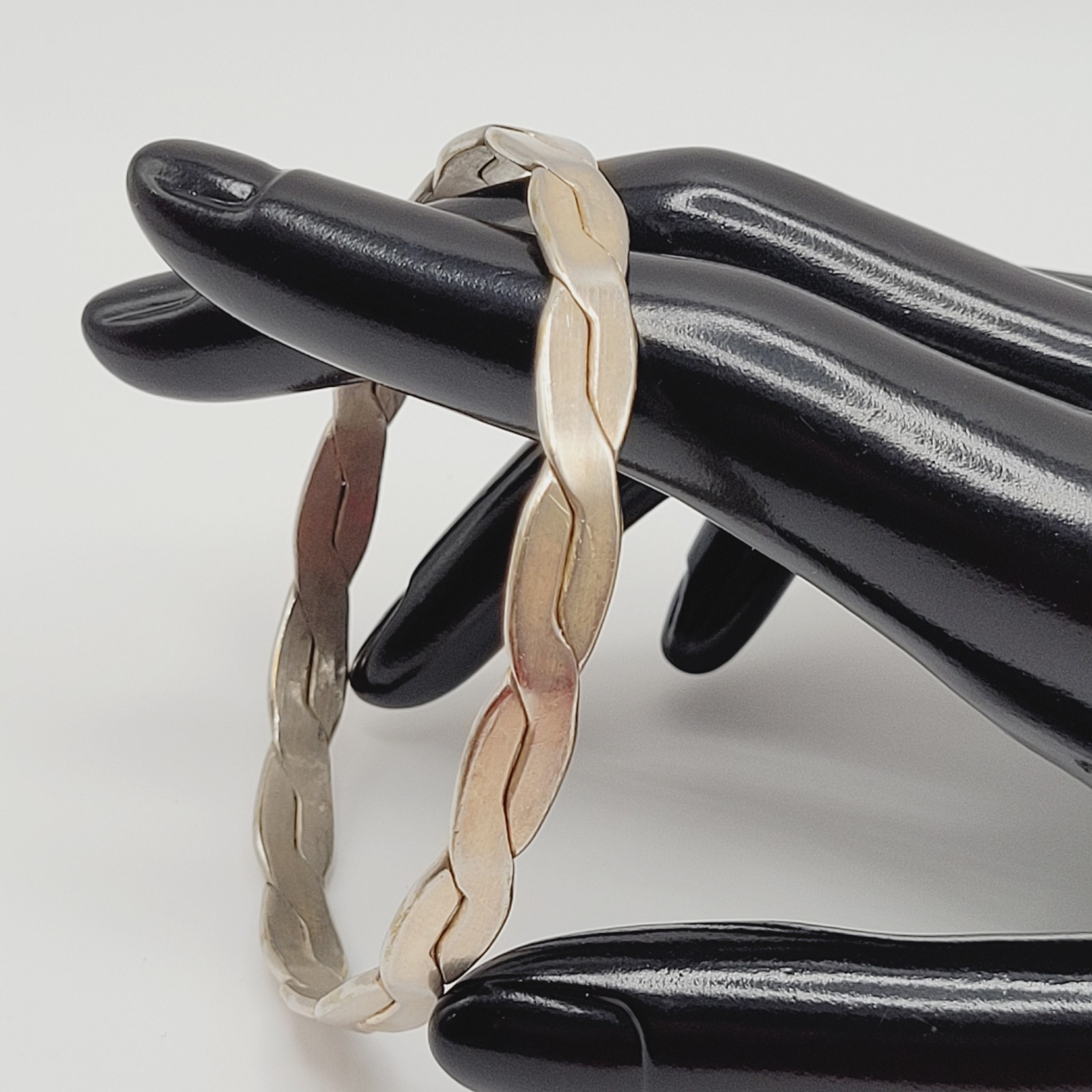 Vintage Mexico Metal Flat Braid Worn Silver Tone Brass Bangle Bracelet 8 Inch