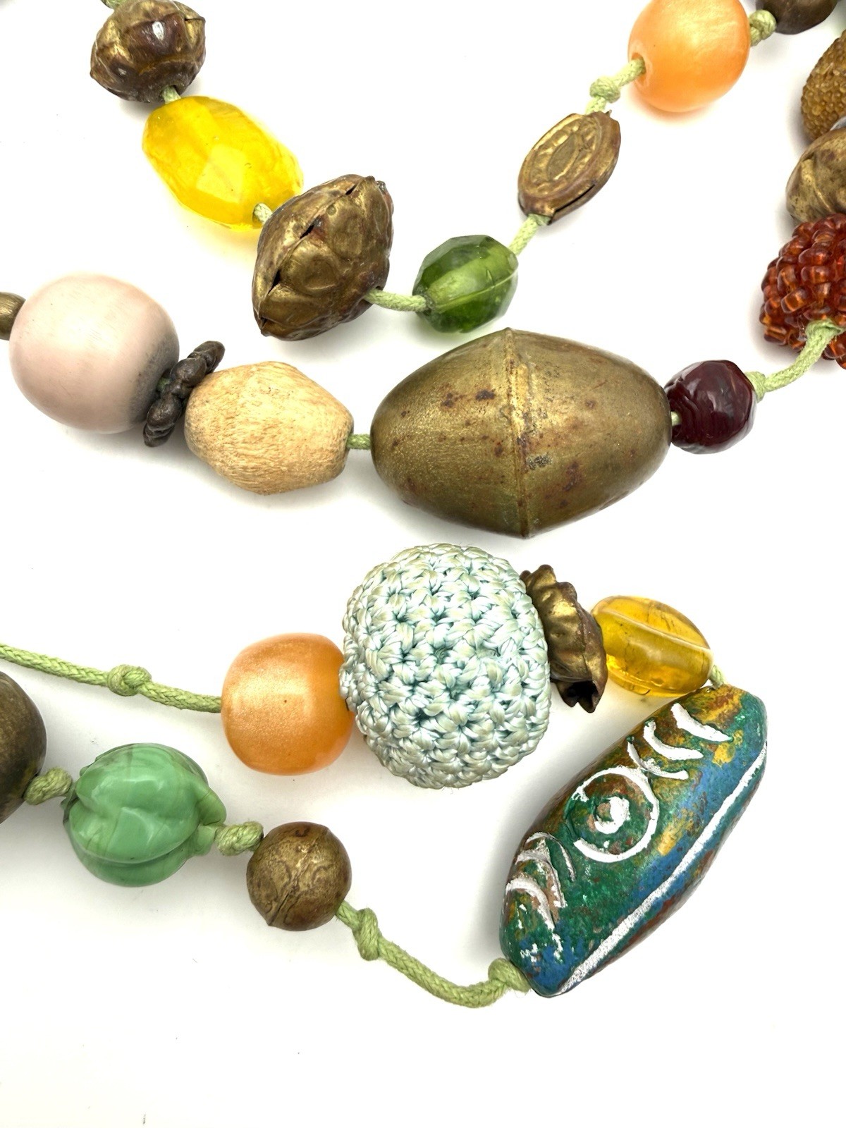 Vintage Mix Bead Necklace Knotted Multicolor Glass Crochet Wood Ceramic Metal 60