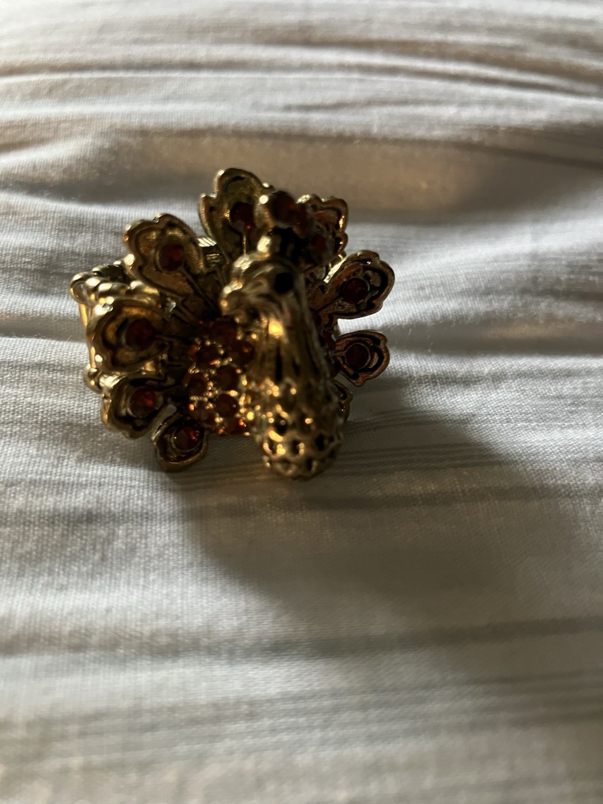 Peacock Expanding Ring Gold Tone Amber Color Fashion Jewelry Vintage Statement