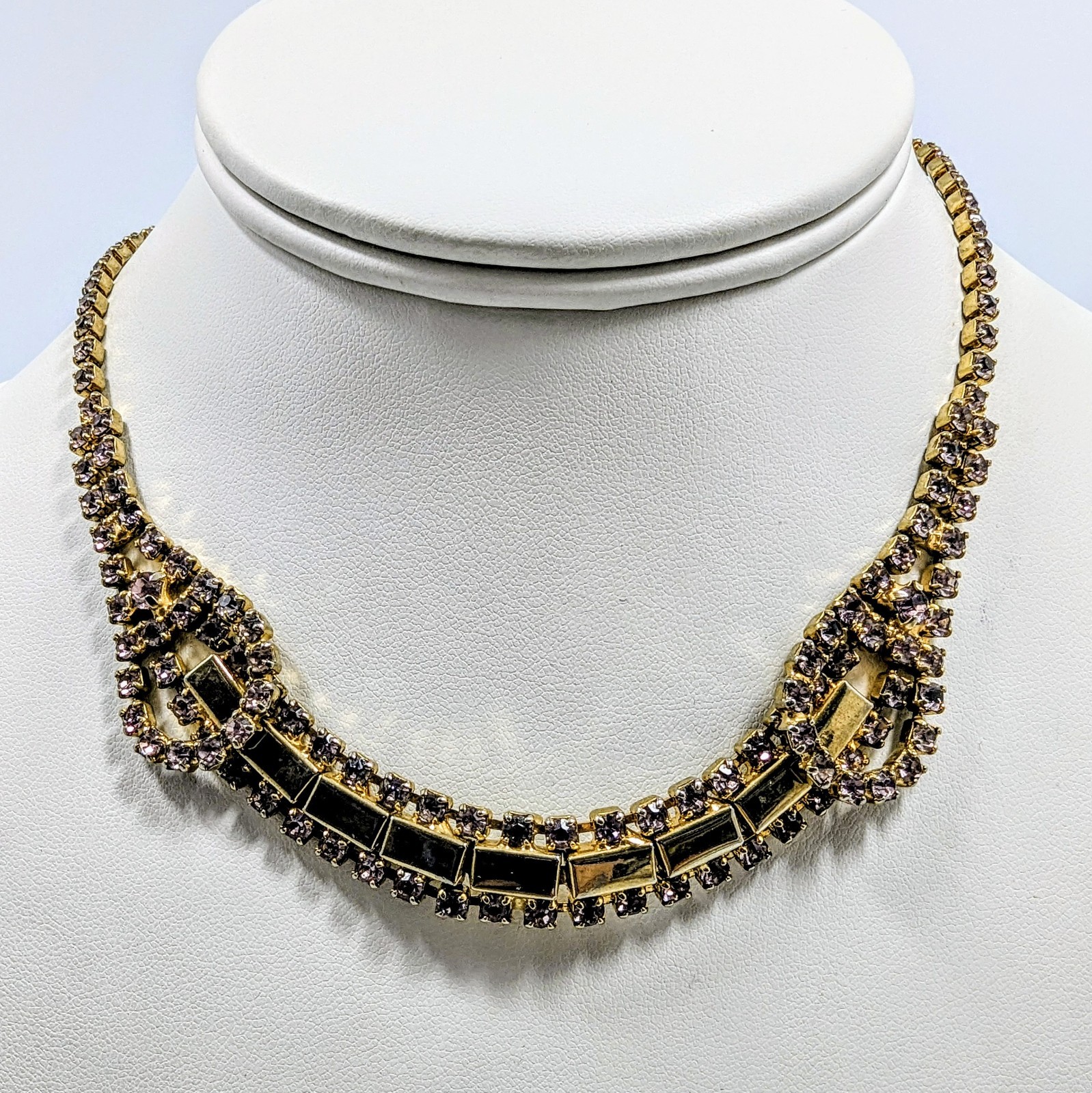Vintage Rhinestone Pink Mauve Gold Tone Choker Necklace 14-16″