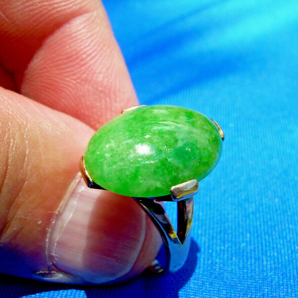 Original EARTH MINED Green Jadeite JADE Deco Engagement Ring 14K GOLD Solitaire