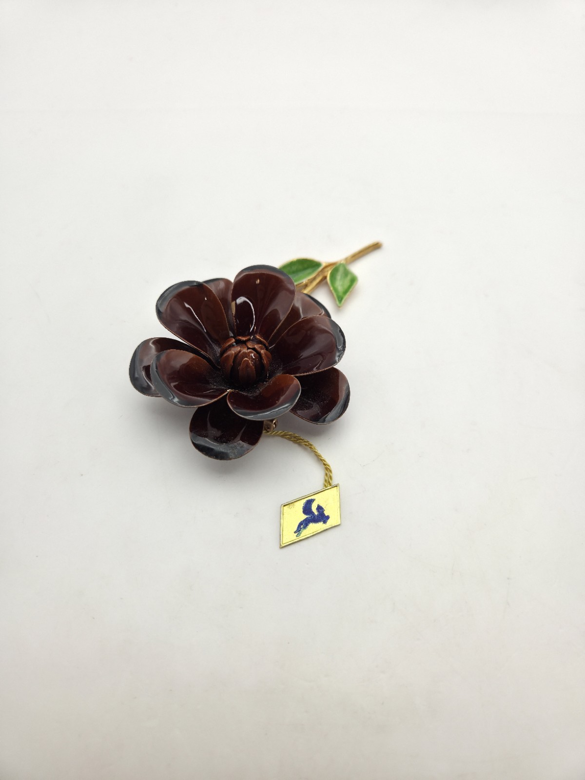 Coro Enamel Flower Brooch Brown Stem Mid Mod Pin 4″ 60s Style Floral Vintage