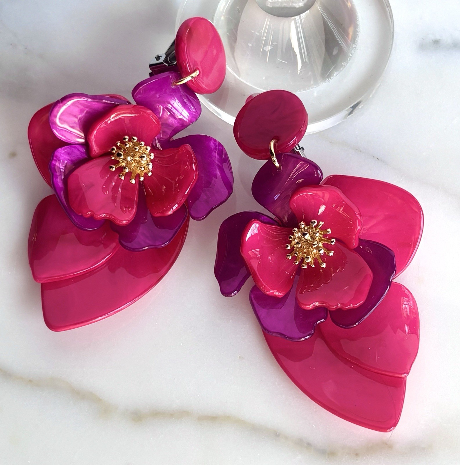 DESIGNER PINK PURPLE RESIN 3 Inch MASSIVE FLOWER BOUQUET CLIP ON EARRINGS NEW
