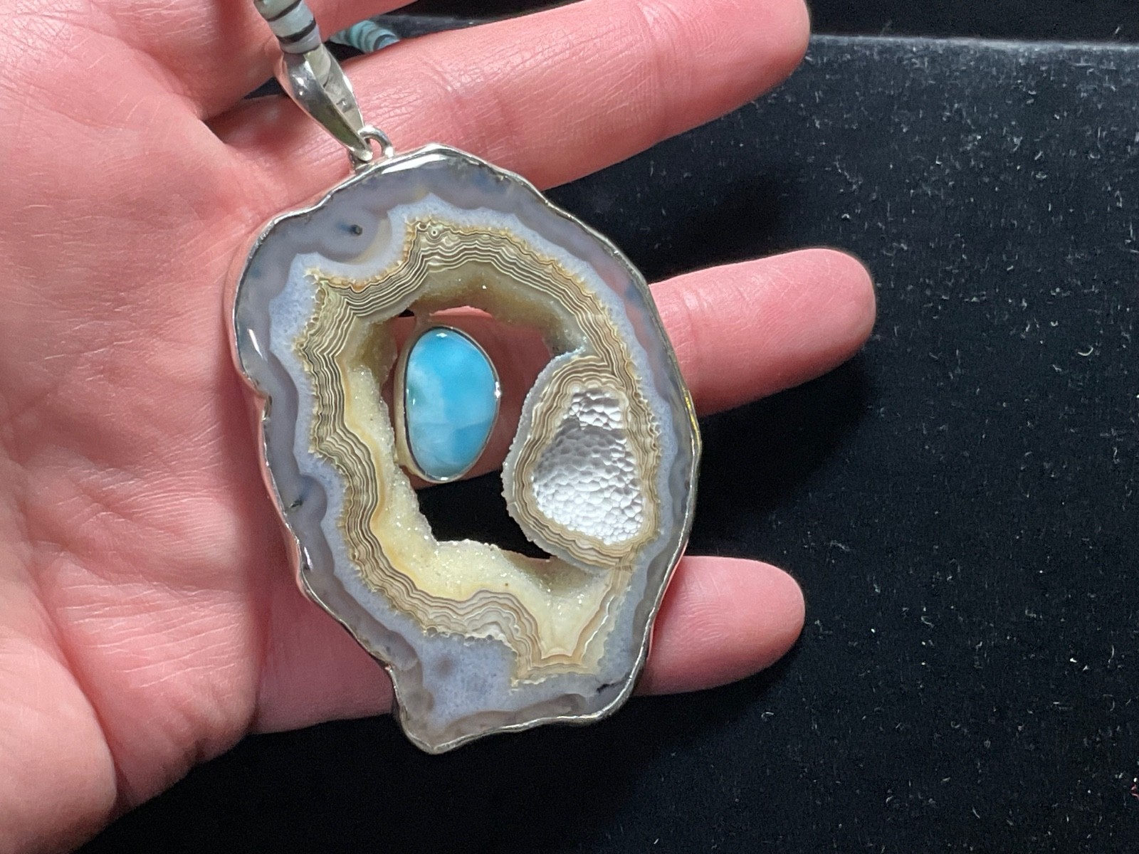 Unique Retro Large Sterling Silver Geode Slice Pendant Necklace