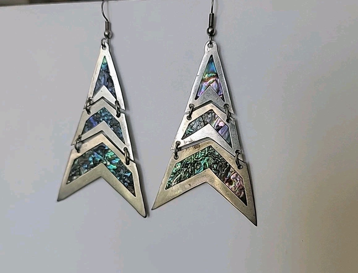 Vintage 80’s New Mexico 3 tiered triangular Silver Earrings Paua Abalone Shell 