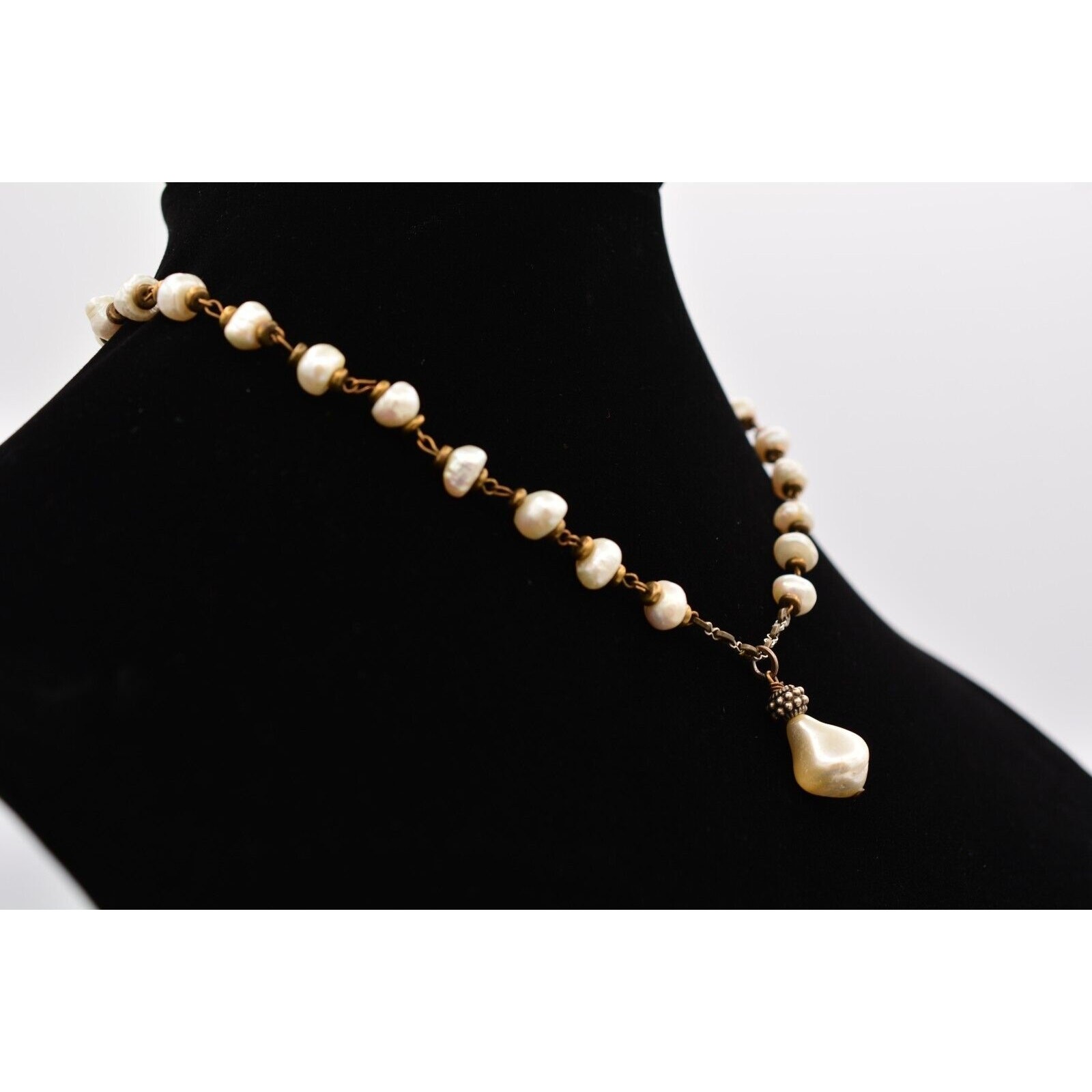 Vintage Pearl Necklace Y Drop Bronze Rustic Brass Tone AS IS Bin6A