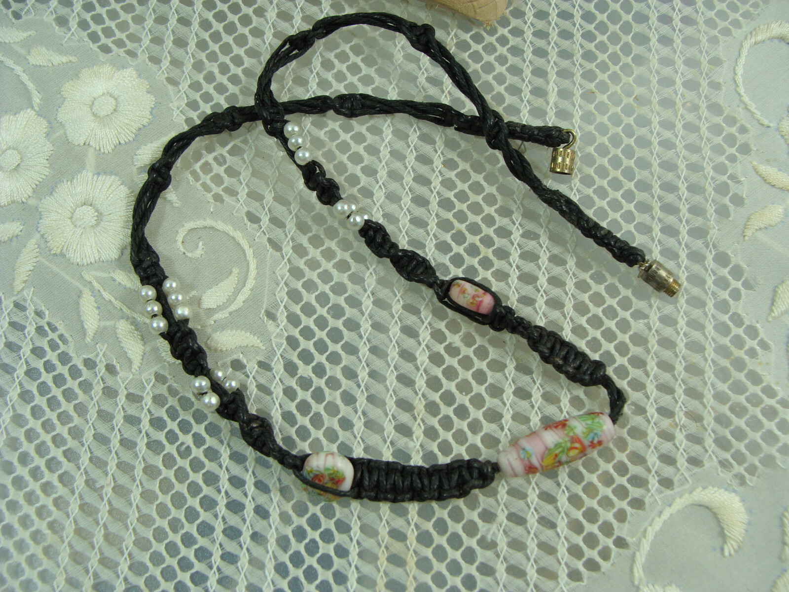 Vtg Millefiori Glass Bead Faux Pearl Hemp Macrame Bohemian Hippy Choker Necklace