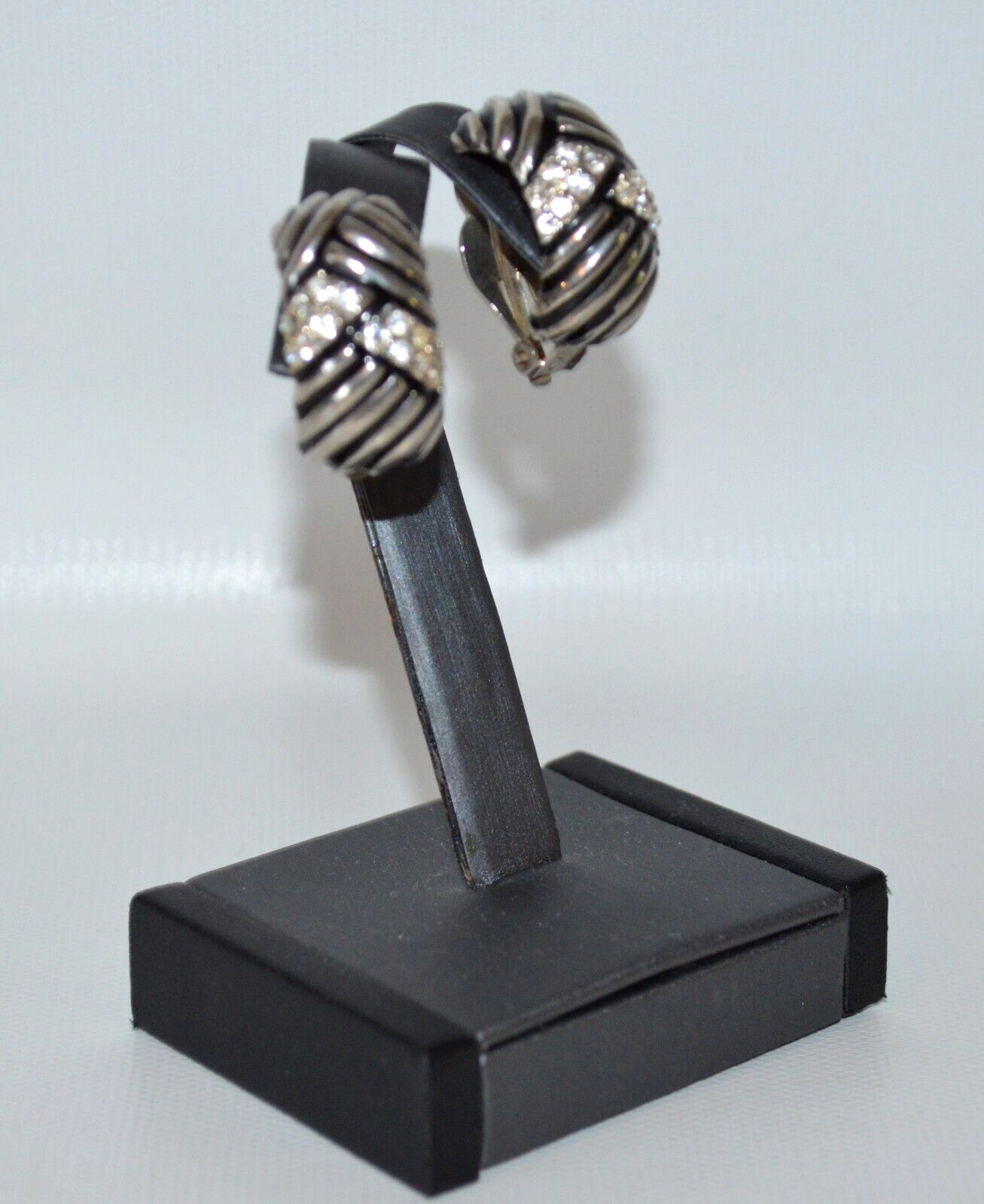 Vintage Silver Tone & Black Clip On Earrings with Clear Rhinestones 1.25″