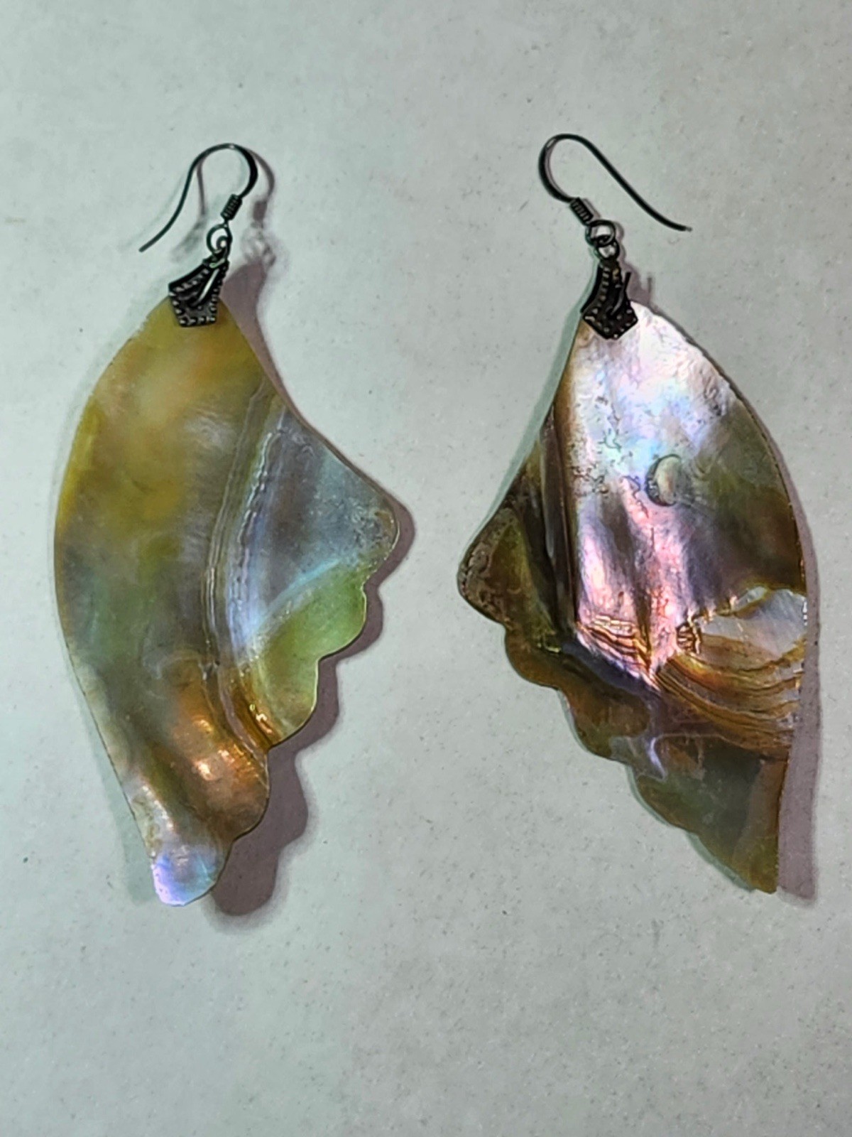 Vntg Sterling Silver Abalone Paua Fan Wings Dangle Drop Earrings Boho Fairy