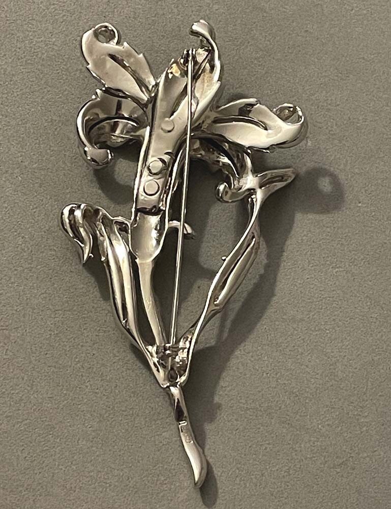 Huge Vintage REINAD Rhodium Pave Rhinestone Tiger Lily Flower Pin Brooch 4.25″