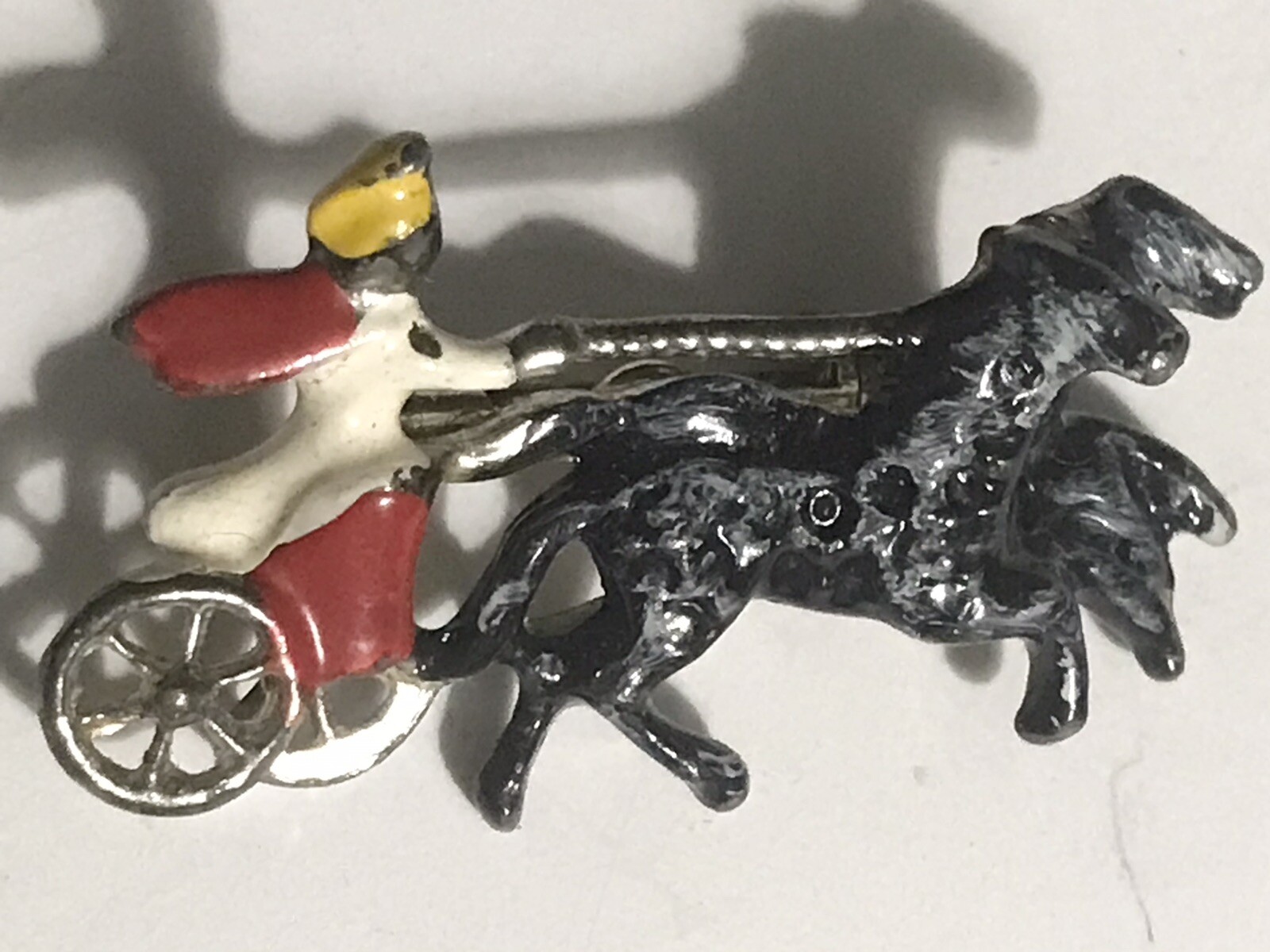 Small Vintage Enamel Pin Chariot Race Black Horses Moor Rider Pewter Unisex