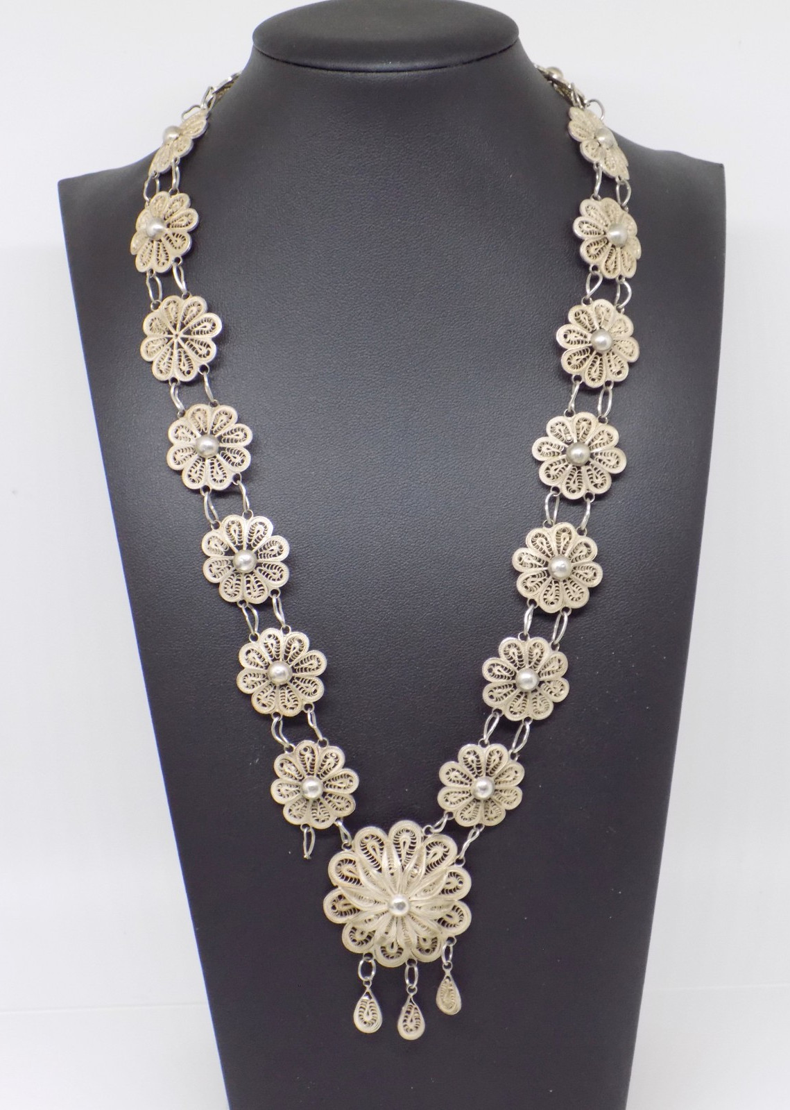 925 Sterling Silver Cannetille Filigree Floral Flower Necklace Tassel Pendant